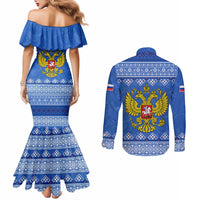 Russia Matryoshka Spirit Couples Matching Mermaid Dress and Long Sleeve Button Shirt with Folk Pattern and Double-Headed Eagle Emblem