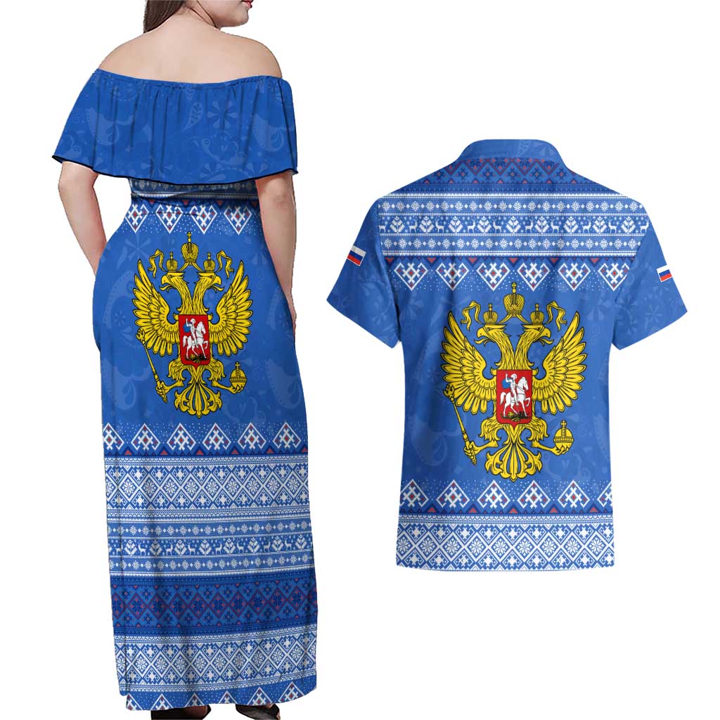 Russia Matryoshka Spirit Couples Matching Off Shoulder Maxi Dress and Hawaiian Shirt with Folk Pattern and Double-Headed Eagle Emblem