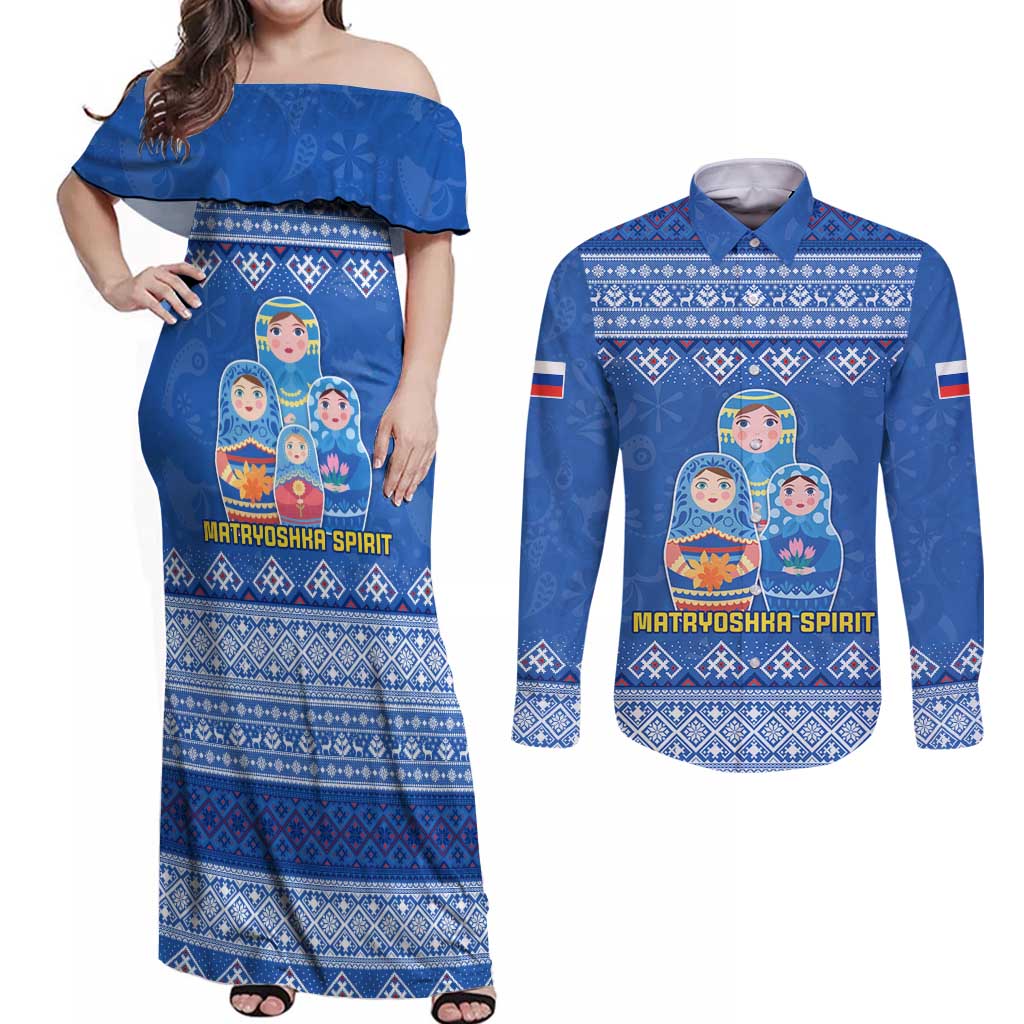 Russia Matryoshka Spirit Couples Matching Off Shoulder Maxi Dress and Long Sleeve Button Shirt with Folk Pattern and Double-Headed Eagle Emblem