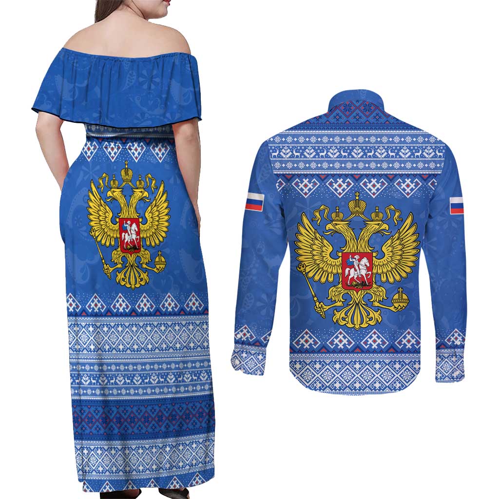 Russia Matryoshka Spirit Couples Matching Off Shoulder Maxi Dress and Long Sleeve Button Shirt with Folk Pattern and Double-Headed Eagle Emblem