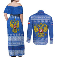 Russia Matryoshka Spirit Couples Matching Off Shoulder Maxi Dress and Long Sleeve Button Shirt with Folk Pattern and Double-Headed Eagle Emblem