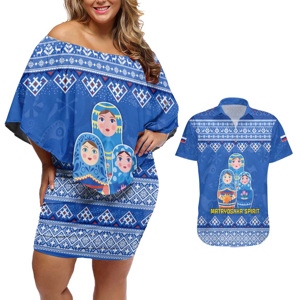 Russia Matryoshka Spirit Couples Matching Off Shoulder Short Dress and Hawaiian Shirt with Folk Pattern and Double-Headed Eagle Emblem