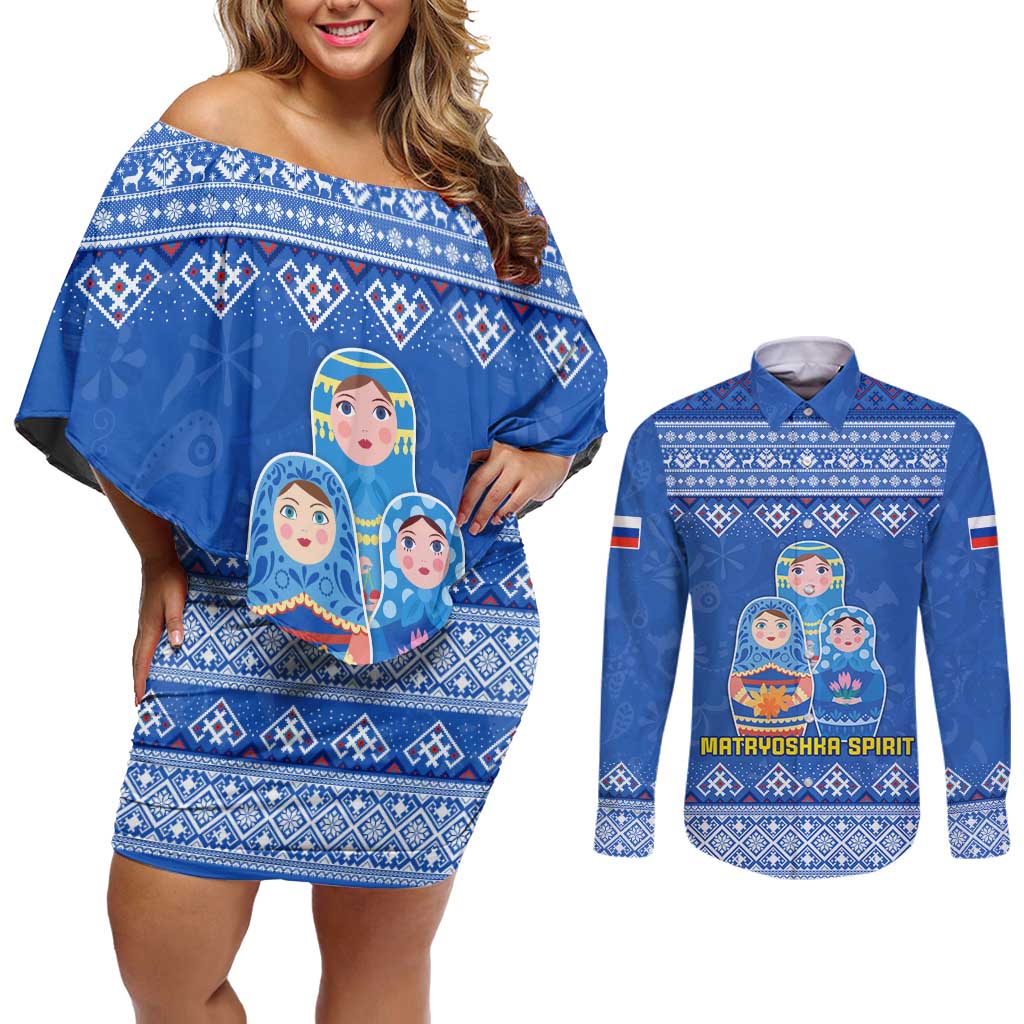 Russia Matryoshka Spirit Couples Matching Off Shoulder Short Dress and Long Sleeve Button Shirt with Folk Pattern and Double-Headed Eagle Emblem
