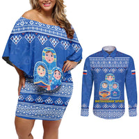 Russia Matryoshka Spirit Couples Matching Off Shoulder Short Dress and Long Sleeve Button Shirt with Folk Pattern and Double-Headed Eagle Emblem