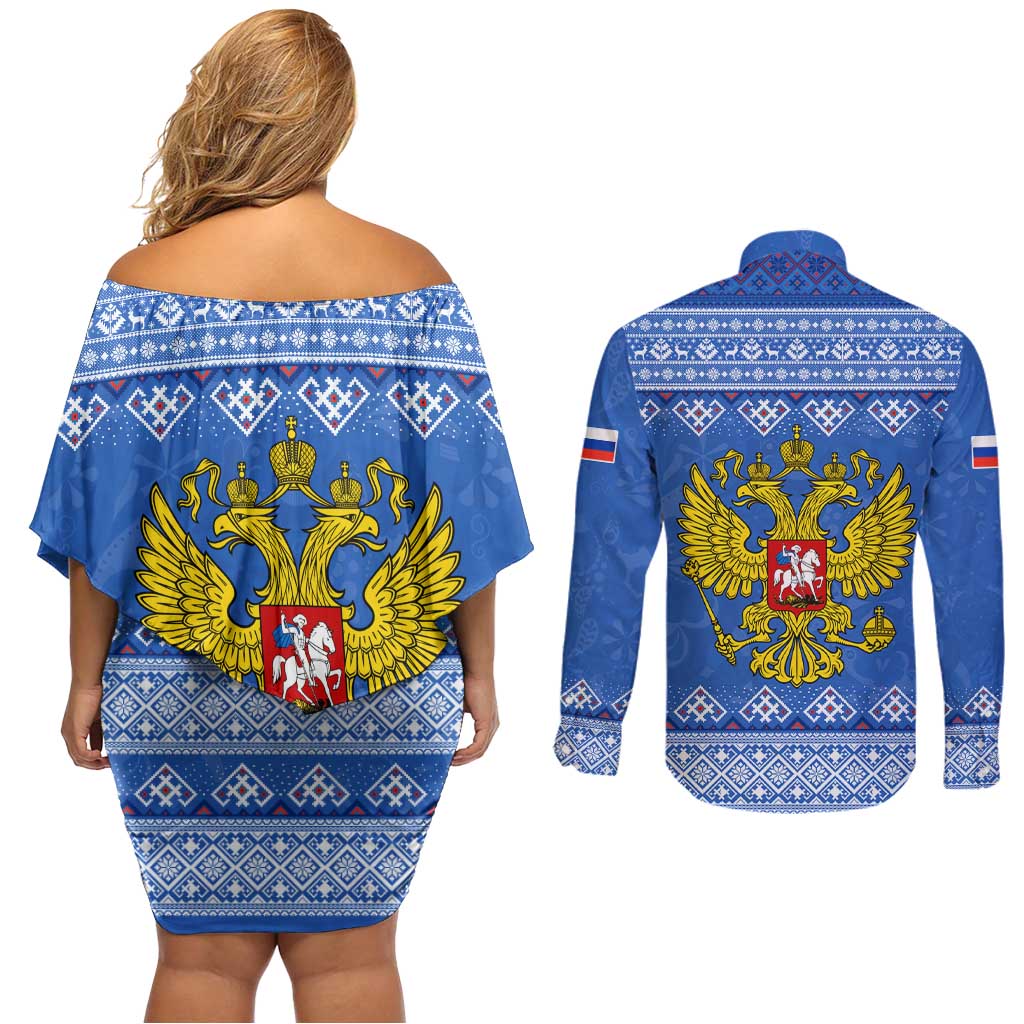Russia Matryoshka Spirit Couples Matching Off Shoulder Short Dress and Long Sleeve Button Shirt with Folk Pattern and Double-Headed Eagle Emblem