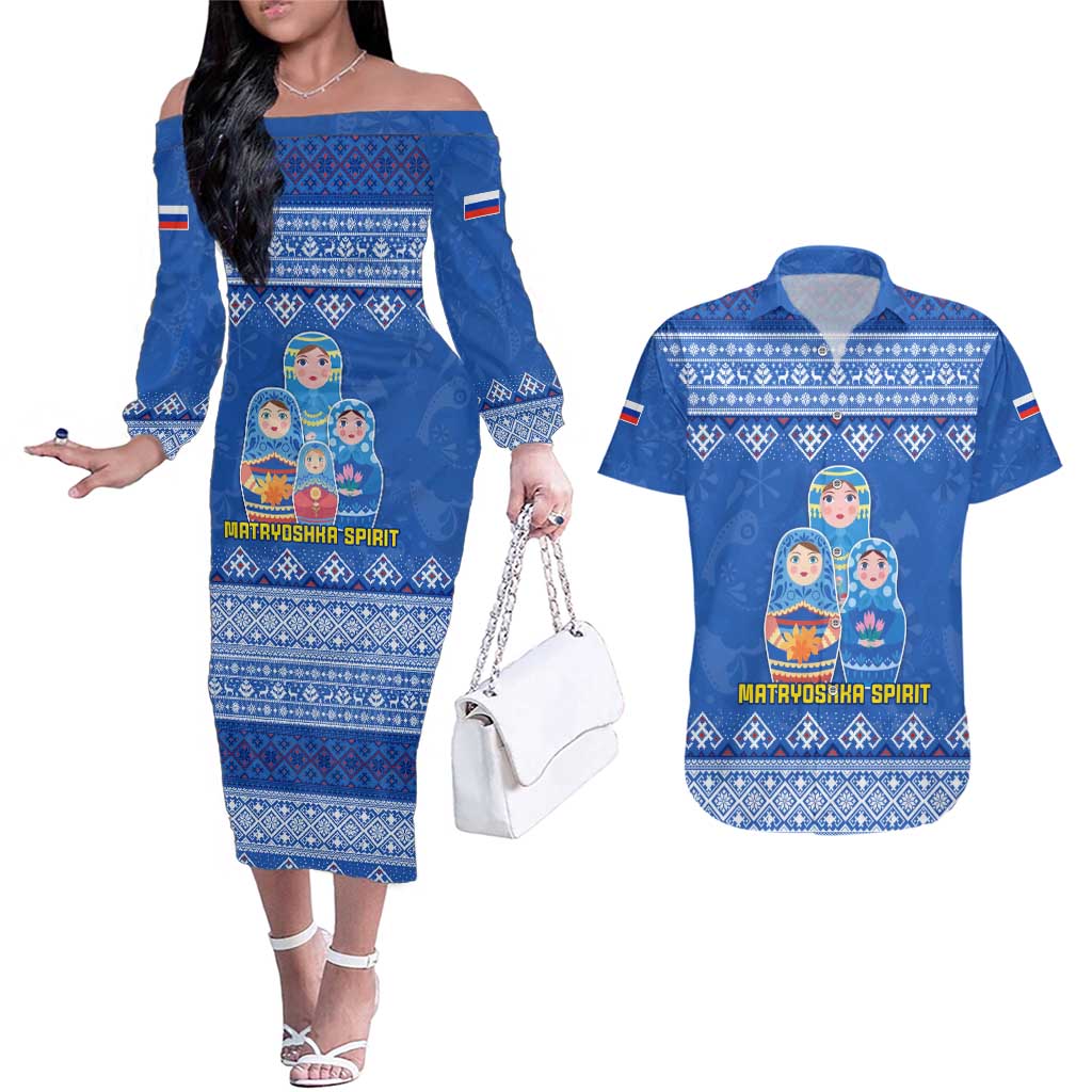 Russia Matryoshka Spirit Couples Matching Off The Shoulder Long Sleeve Dress and Hawaiian Shirt with Folk Pattern and Double-Headed Eagle Emblem