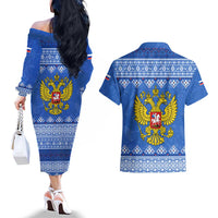 Russia Matryoshka Spirit Couples Matching Off The Shoulder Long Sleeve Dress and Hawaiian Shirt with Folk Pattern and Double-Headed Eagle Emblem