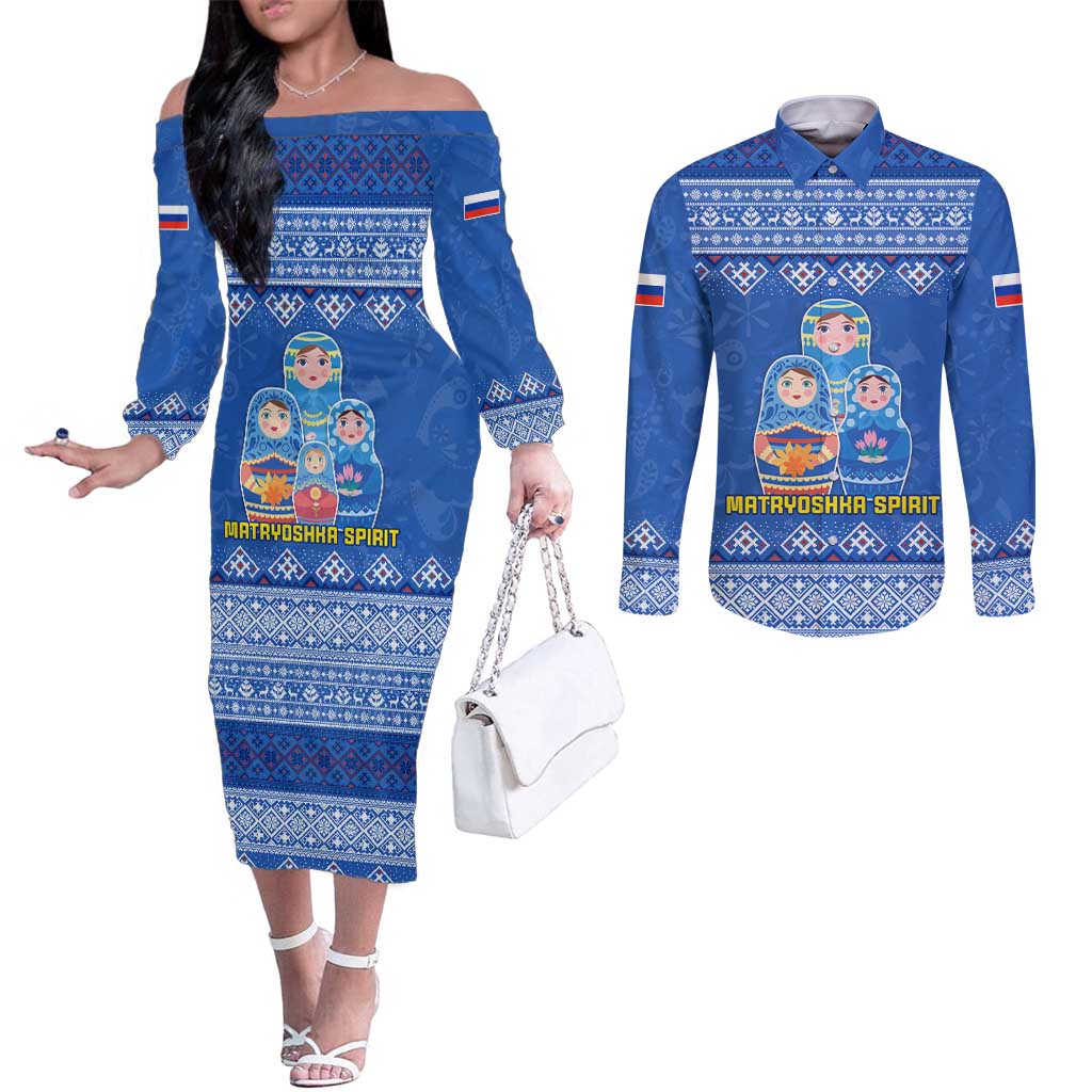 Russia Matryoshka Spirit Couples Matching Off The Shoulder Long Sleeve Dress and Long Sleeve Button Shirt with Folk Pattern and Double-Headed Eagle Emblem