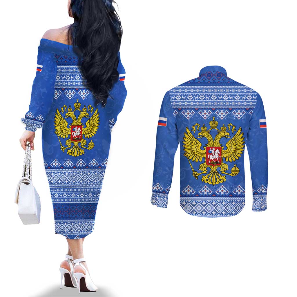 Russia Matryoshka Spirit Couples Matching Off The Shoulder Long Sleeve Dress and Long Sleeve Button Shirt with Folk Pattern and Double-Headed Eagle Emblem