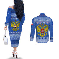 Russia Matryoshka Spirit Couples Matching Off The Shoulder Long Sleeve Dress and Long Sleeve Button Shirt with Folk Pattern and Double-Headed Eagle Emblem