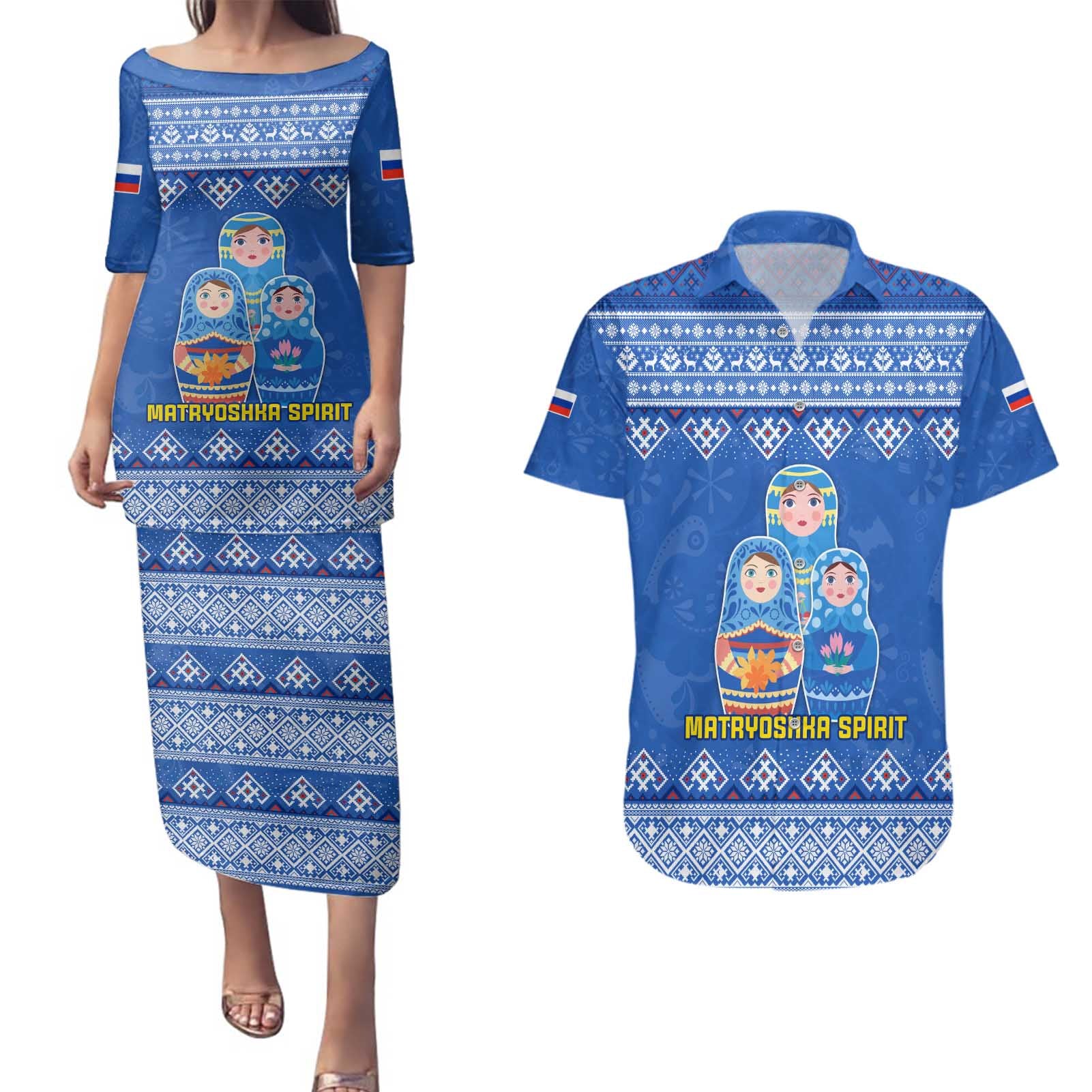 Russia Matryoshka Spirit Couples Matching Puletasi and Hawaiian Shirt with Folk Pattern and Double-Headed Eagle Emblem