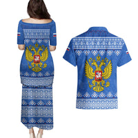Russia Matryoshka Spirit Couples Matching Puletasi and Hawaiian Shirt with Folk Pattern and Double-Headed Eagle Emblem