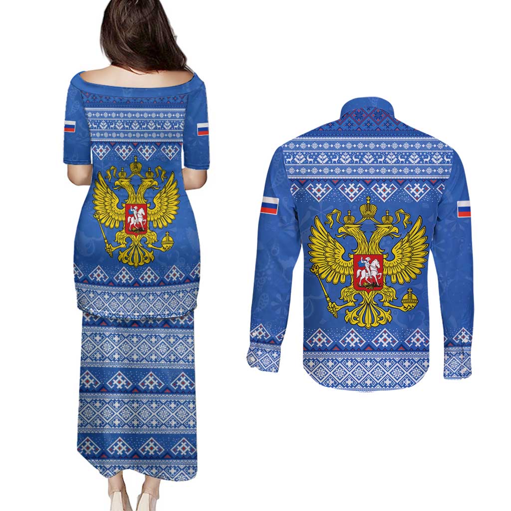Russia Matryoshka Spirit Couples Matching Puletasi and Long Sleeve Button Shirt with Folk Pattern and Double-Headed Eagle Emblem