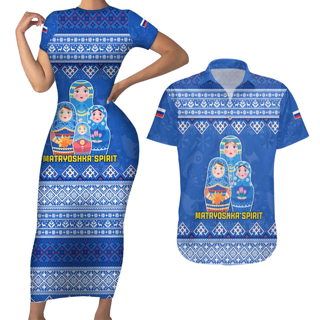 Russia Matryoshka Spirit Couples Matching Short Sleeve Bodycon Dress and Hawaiian Shirt with Folk Pattern and Double-Headed Eagle Emblem