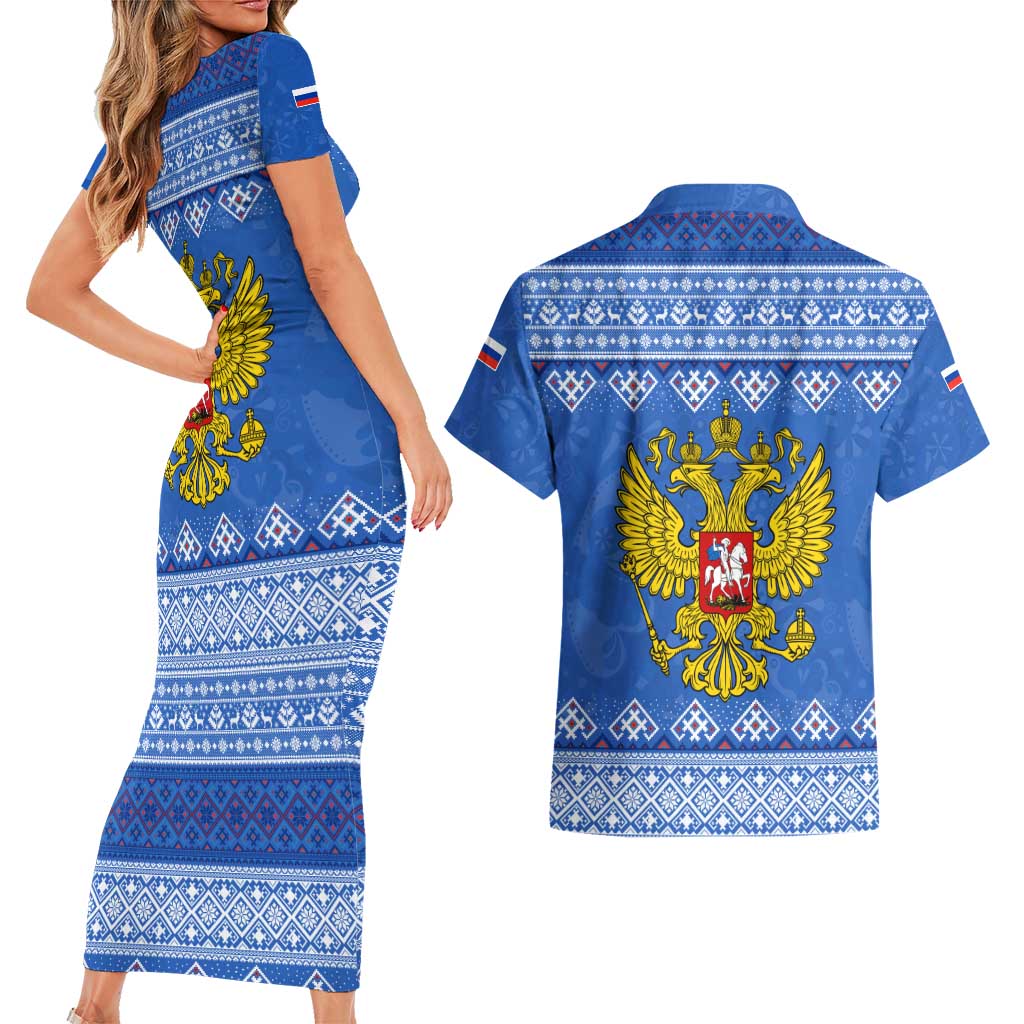 Russia Matryoshka Spirit Couples Matching Short Sleeve Bodycon Dress and Hawaiian Shirt with Folk Pattern and Double-Headed Eagle Emblem