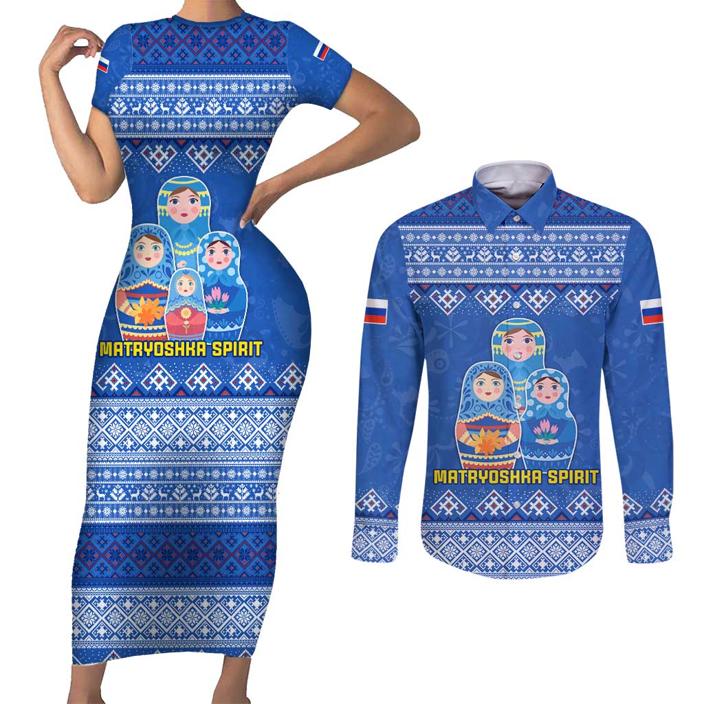 Russia Matryoshka Spirit Couples Matching Short Sleeve Bodycon Dress and Long Sleeve Button Shirt with Folk Pattern and Double-Headed Eagle Emblem