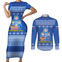 Russia Matryoshka Spirit Couples Matching Short Sleeve Bodycon Dress and Long Sleeve Button Shirt with Folk Pattern and Double-Headed Eagle Emblem