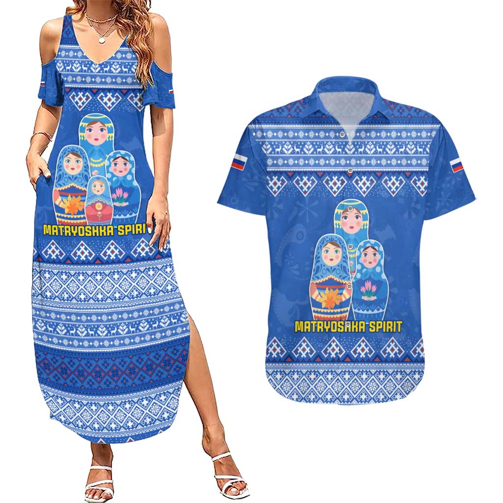 Russia Matryoshka Spirit Couples Matching Summer Maxi Dress and Hawaiian Shirt with Folk Pattern and Double-Headed Eagle Emblem
