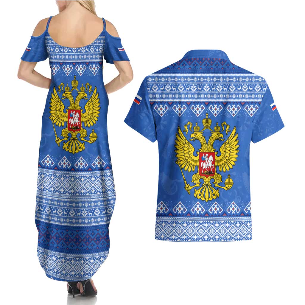 Russia Matryoshka Spirit Couples Matching Summer Maxi Dress and Hawaiian Shirt with Folk Pattern and Double-Headed Eagle Emblem