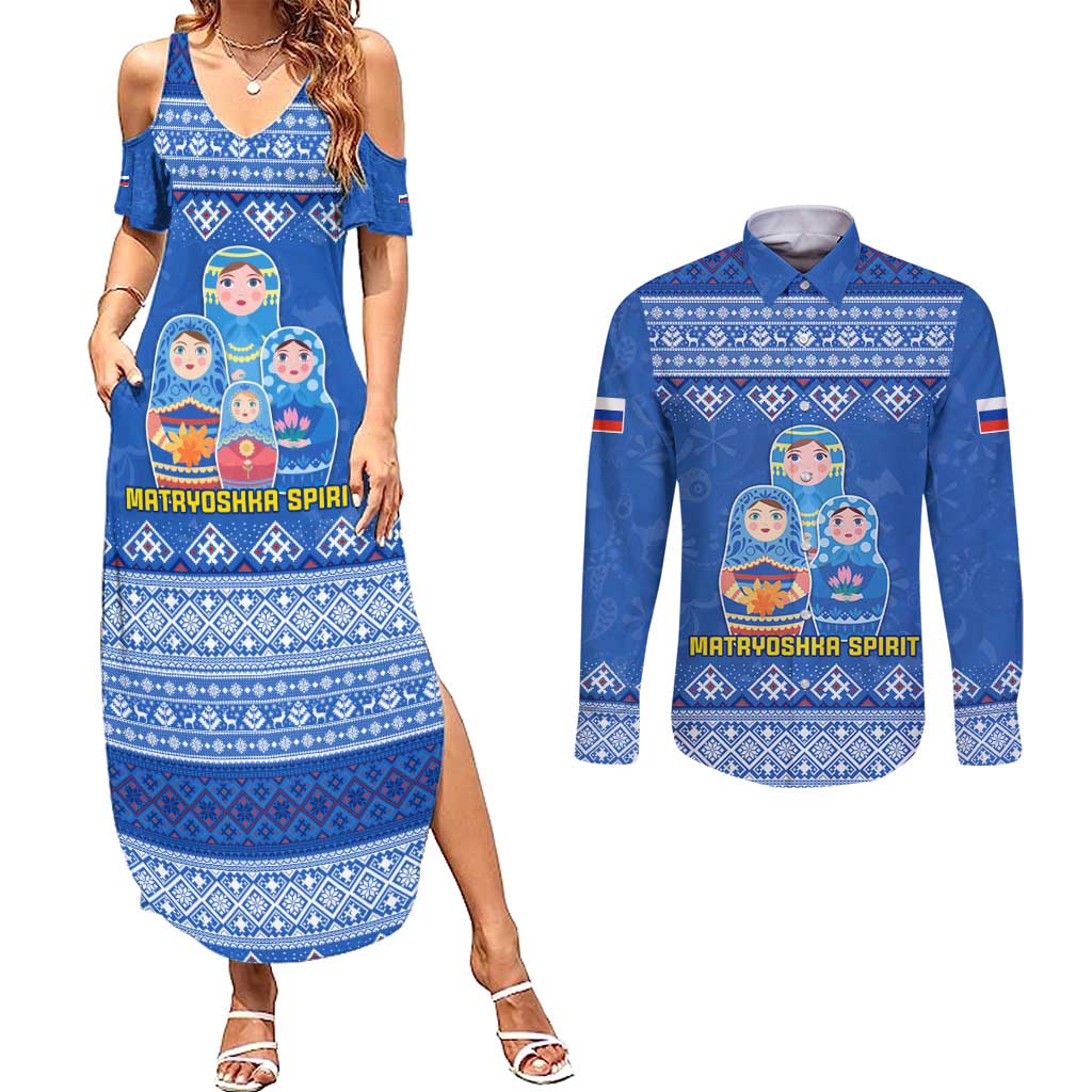 Russia Matryoshka Spirit Couples Matching Summer Maxi Dress and Long Sleeve Button Shirt with Folk Pattern and Double-Headed Eagle Emblem