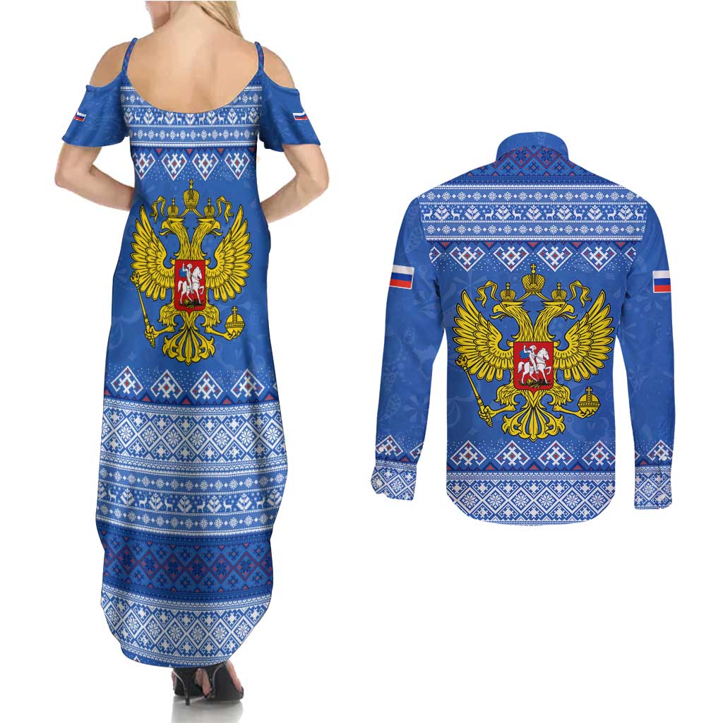 Russia Matryoshka Spirit Couples Matching Summer Maxi Dress and Long Sleeve Button Shirt with Folk Pattern and Double-Headed Eagle Emblem