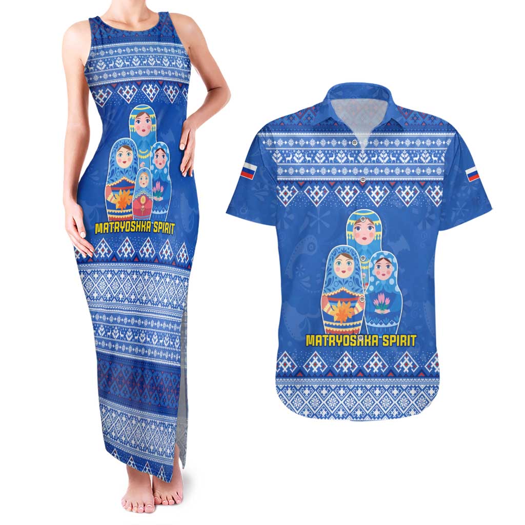 Russia Matryoshka Spirit Couples Matching Tank Maxi Dress and Hawaiian Shirt with Folk Pattern and Double-Headed Eagle Emblem