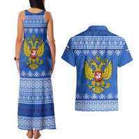 Russia Matryoshka Spirit Couples Matching Tank Maxi Dress and Hawaiian Shirt with Folk Pattern and Double-Headed Eagle Emblem