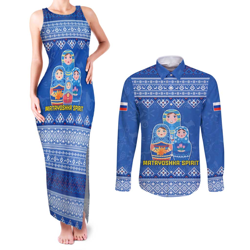 Russia Matryoshka Spirit Couples Matching Tank Maxi Dress and Long Sleeve Button Shirt with Folk Pattern and Double-Headed Eagle Emblem