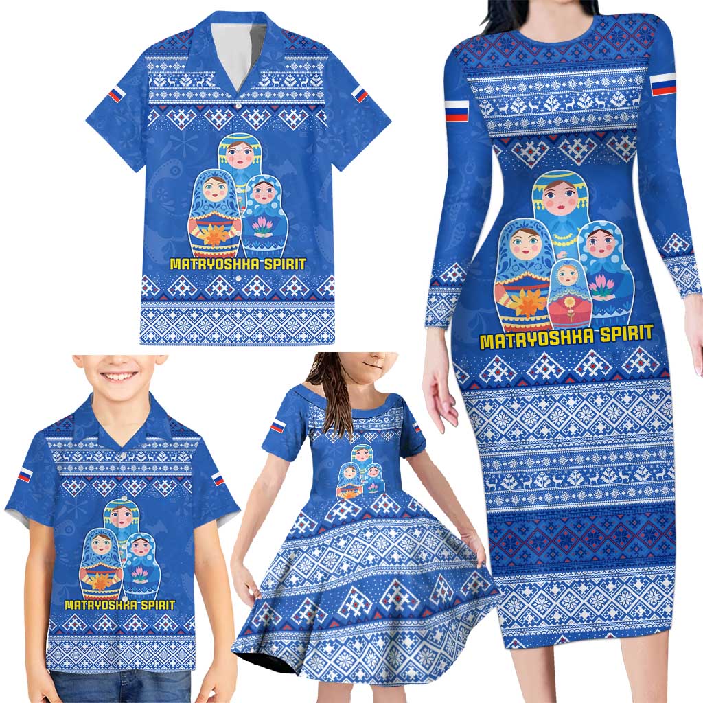 Russia Matryoshka Spirit Family Matching Long Sleeve Bodycon Dress and Hawaiian Shirt with Folk Pattern and Double-Headed Eagle Emblem