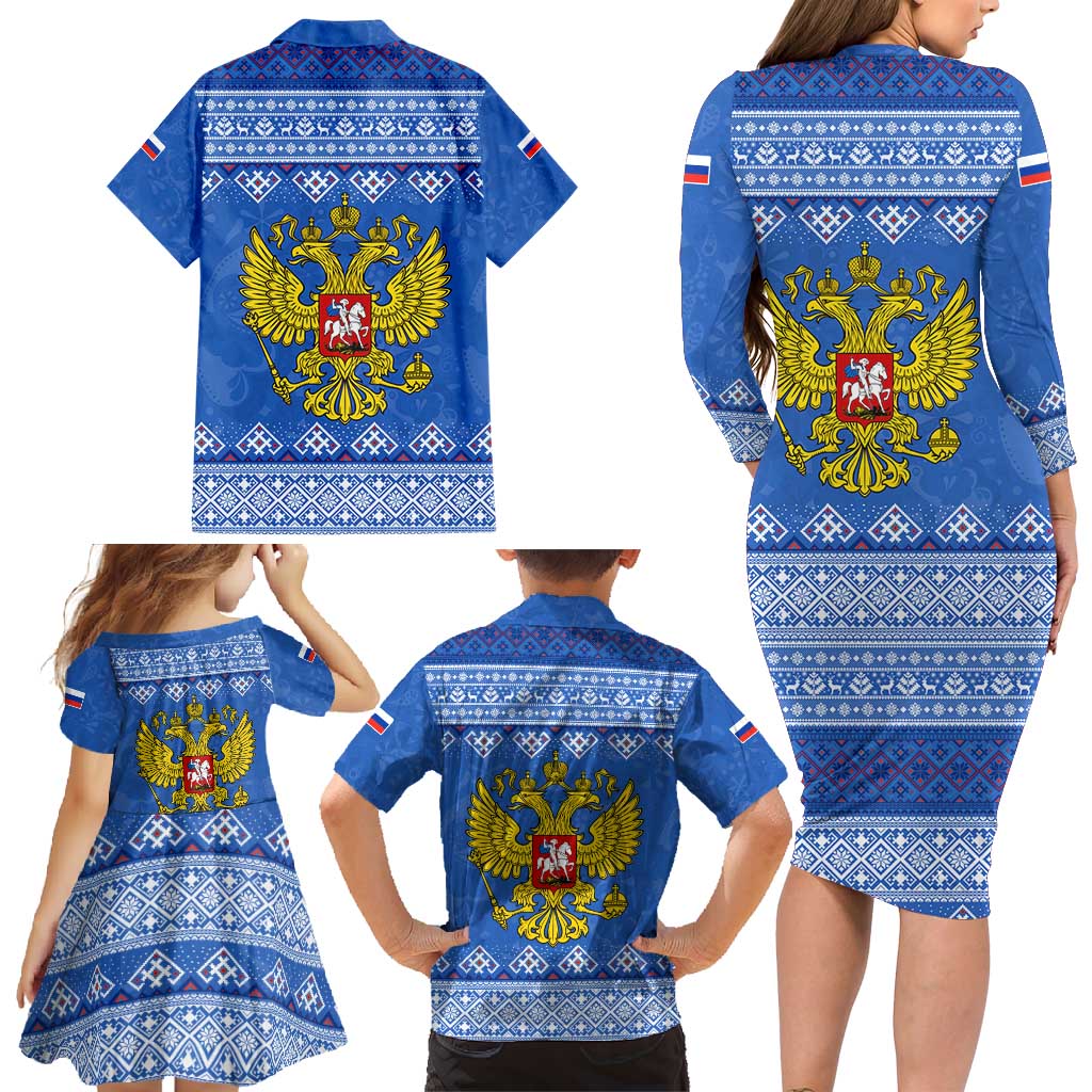 Russia Matryoshka Spirit Family Matching Long Sleeve Bodycon Dress and Hawaiian Shirt with Folk Pattern and Double-Headed Eagle Emblem