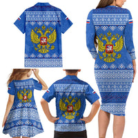 Russia Matryoshka Spirit Family Matching Long Sleeve Bodycon Dress and Hawaiian Shirt with Folk Pattern and Double-Headed Eagle Emblem
