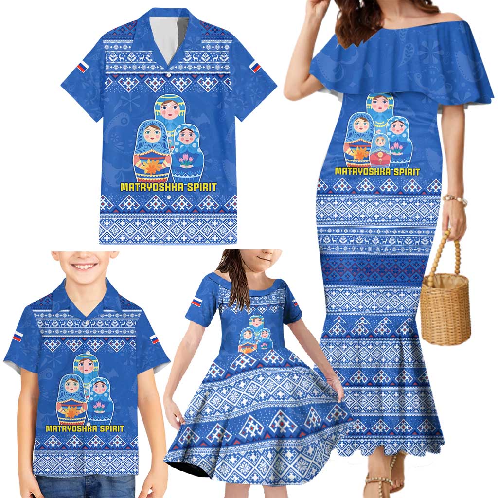 Russia Matryoshka Spirit Family Matching Mermaid Dress and Hawaiian Shirt with Folk Pattern and Double-Headed Eagle Emblem