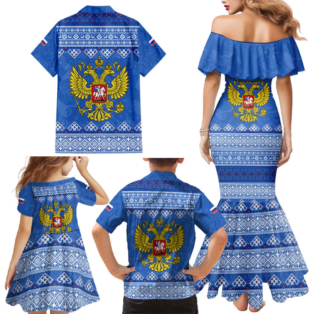 Russia Matryoshka Spirit Family Matching Mermaid Dress and Hawaiian Shirt with Folk Pattern and Double-Headed Eagle Emblem