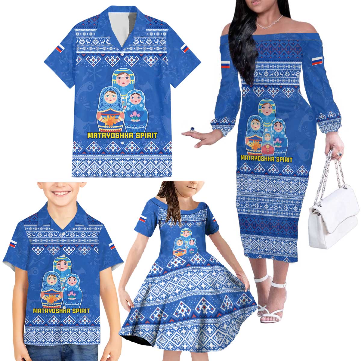 Russia Matryoshka Spirit Family Matching Off The Shoulder Long Sleeve Dress and Hawaiian Shirt with Folk Pattern and Double-Headed Eagle Emblem