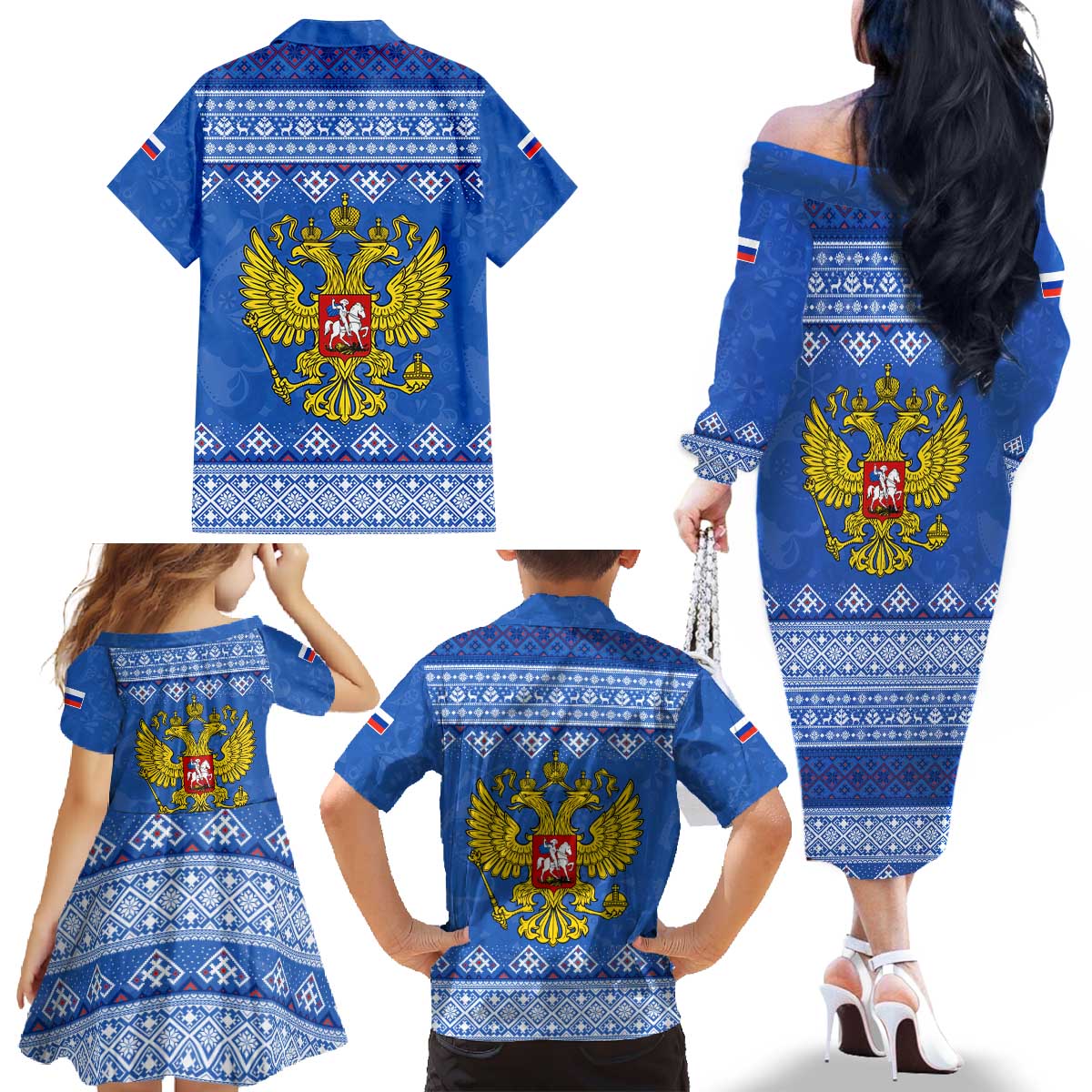 Russia Matryoshka Spirit Family Matching Off The Shoulder Long Sleeve Dress and Hawaiian Shirt with Folk Pattern and Double-Headed Eagle Emblem