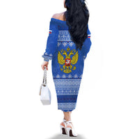 Russia Matryoshka Spirit Family Matching Off The Shoulder Long Sleeve Dress and Hawaiian Shirt with Folk Pattern and Double-Headed Eagle Emblem