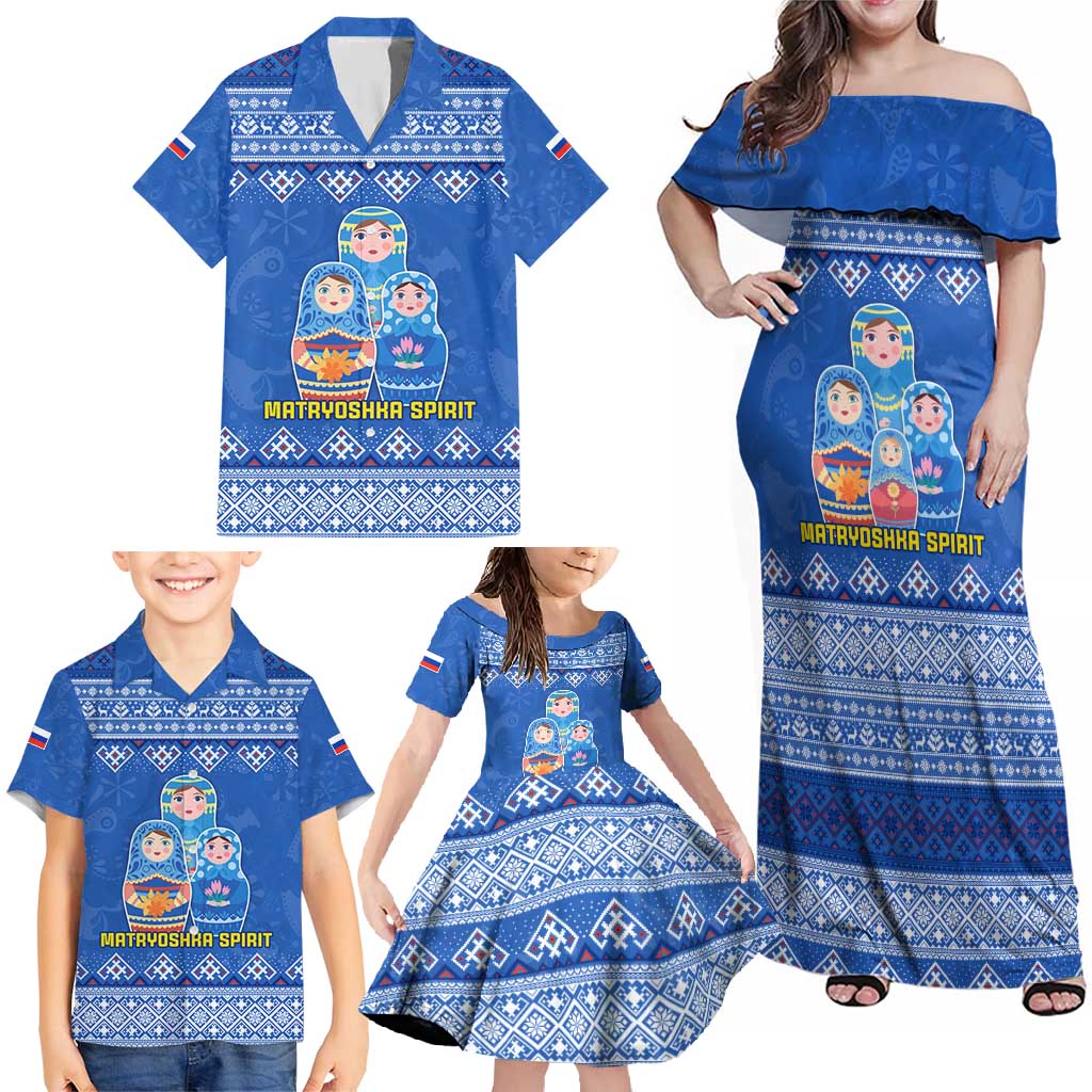 Russia Matryoshka Spirit Family Matching Off Shoulder Maxi Dress and Hawaiian Shirt with Folk Pattern and Double-Headed Eagle Emblem