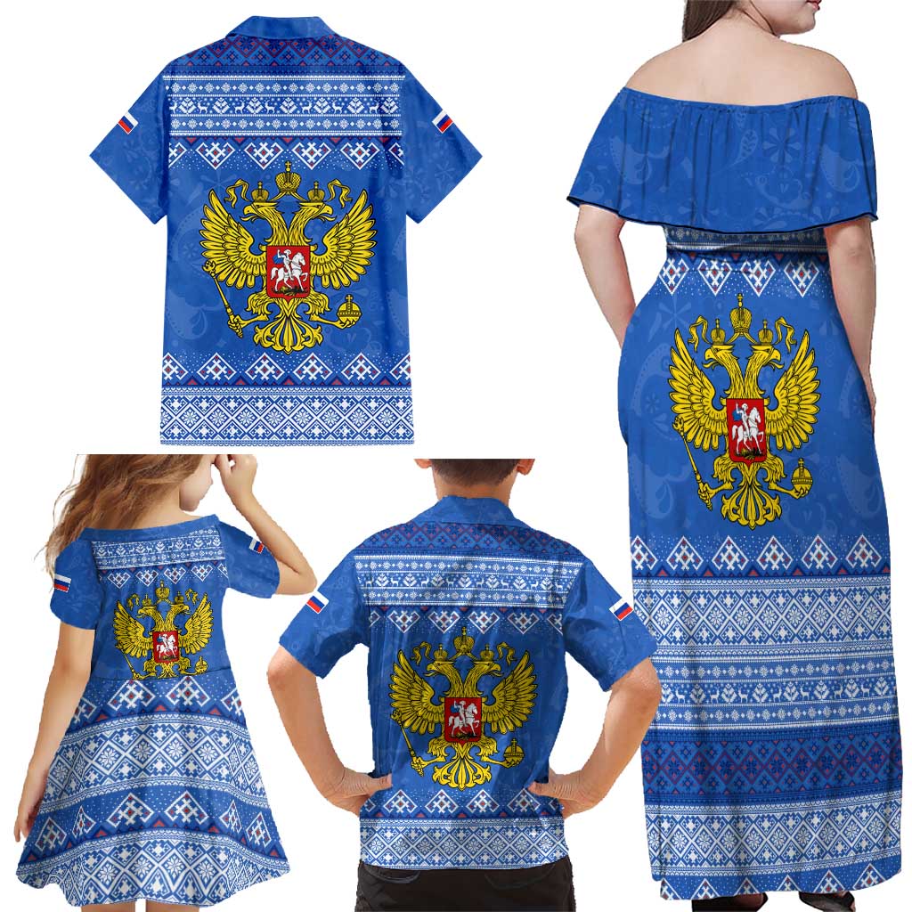 Russia Matryoshka Spirit Family Matching Off Shoulder Maxi Dress and Hawaiian Shirt with Folk Pattern and Double-Headed Eagle Emblem
