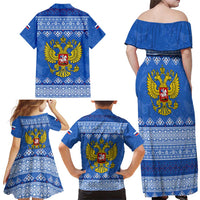 Russia Matryoshka Spirit Family Matching Off Shoulder Maxi Dress and Hawaiian Shirt with Folk Pattern and Double-Headed Eagle Emblem