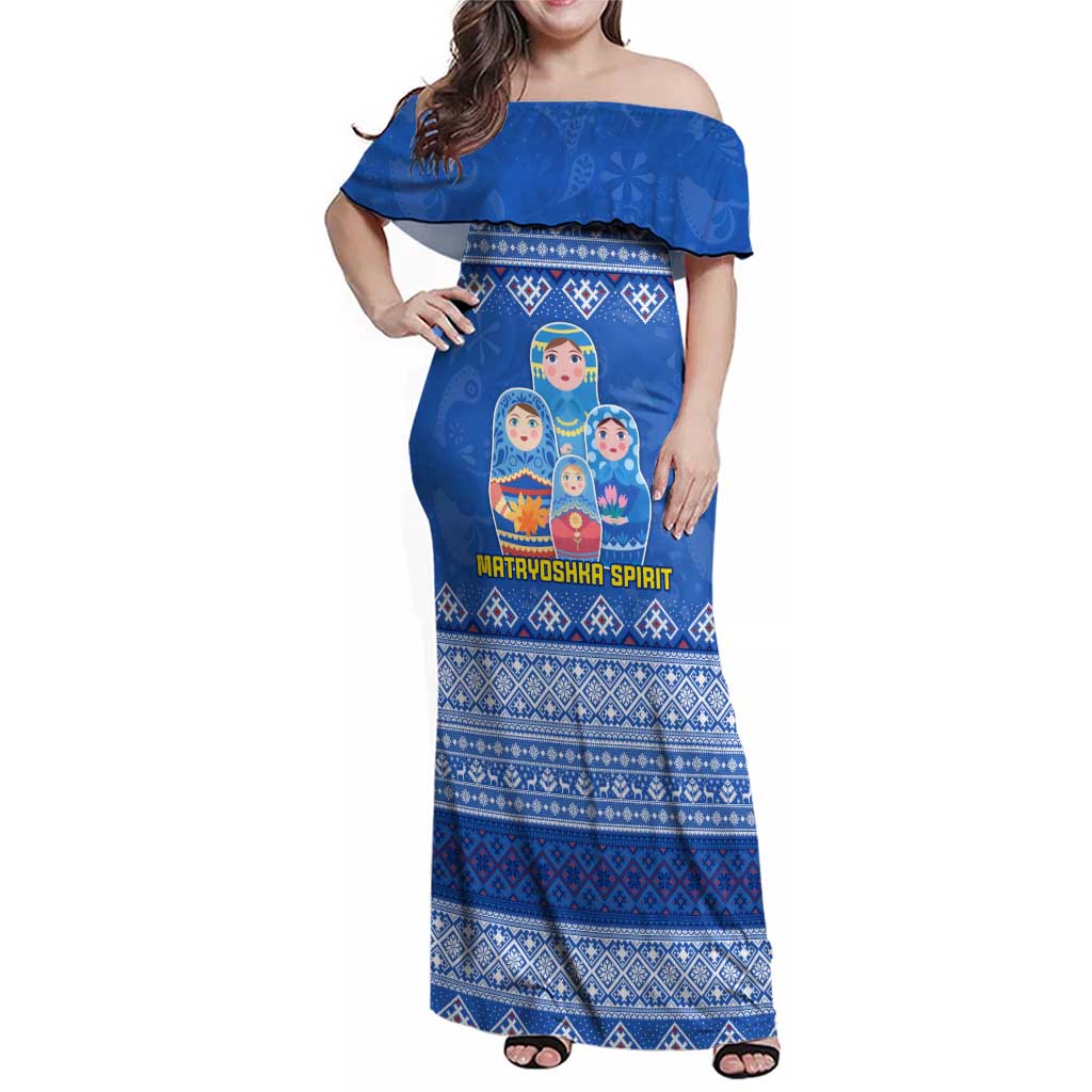 Russia Matryoshka Spirit Family Matching Off Shoulder Maxi Dress and Hawaiian Shirt with Folk Pattern and Double-Headed Eagle Emblem