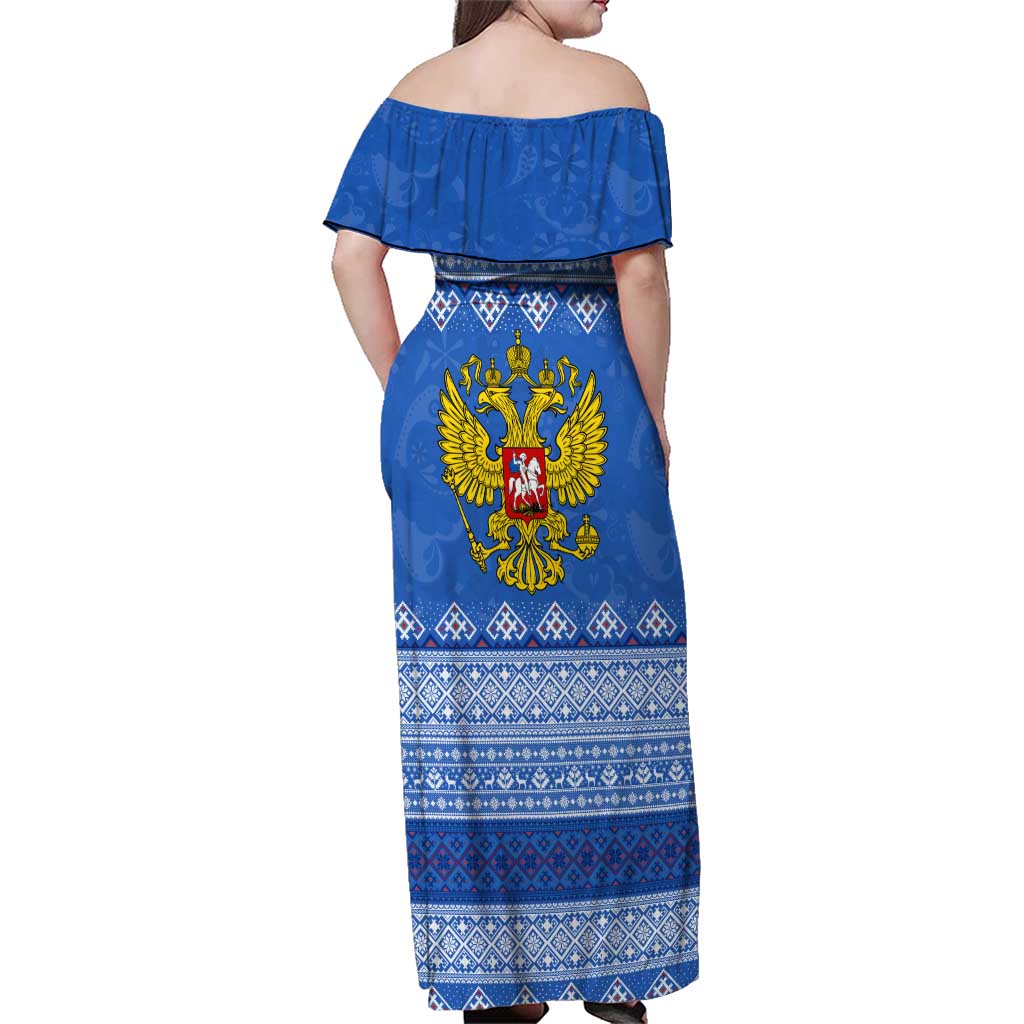 Russia Matryoshka Spirit Family Matching Off Shoulder Maxi Dress and Hawaiian Shirt with Folk Pattern and Double-Headed Eagle Emblem
