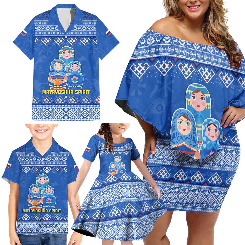 Russia Matryoshka Spirit Family Matching Off Shoulder Short Dress and Hawaiian Shirt with Folk Pattern and Double-Headed Eagle Emblem