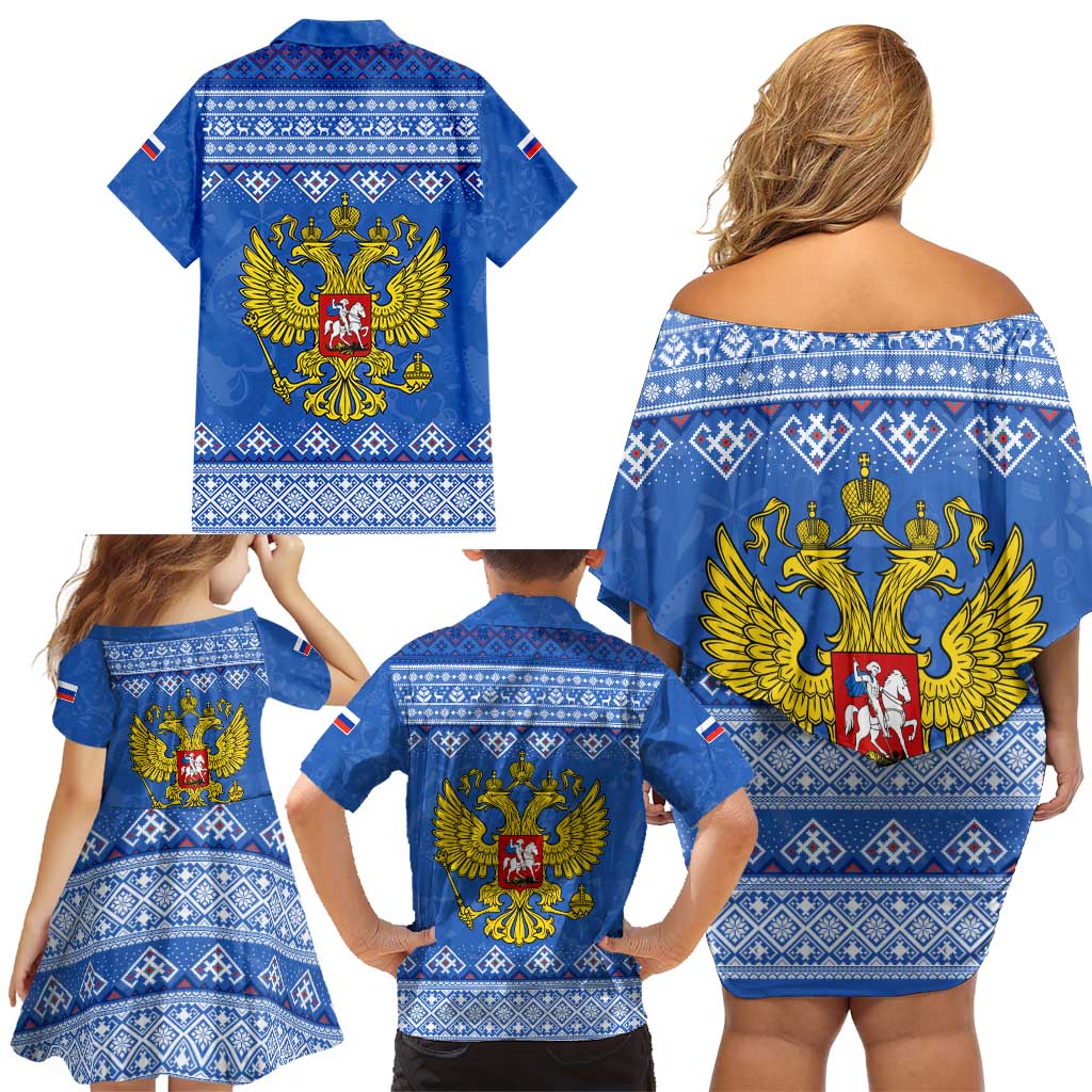Russia Matryoshka Spirit Family Matching Off Shoulder Short Dress and Hawaiian Shirt with Folk Pattern and Double-Headed Eagle Emblem