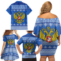 Russia Matryoshka Spirit Family Matching Off Shoulder Short Dress and Hawaiian Shirt with Folk Pattern and Double-Headed Eagle Emblem