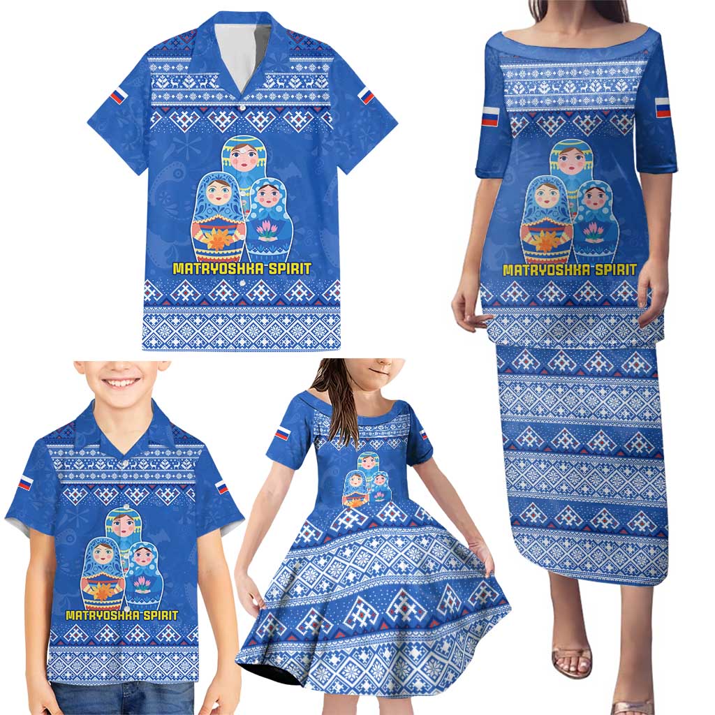 Russia Matryoshka Spirit Family Matching Puletasi and Hawaiian Shirt with Folk Pattern and Double-Headed Eagle Emblem