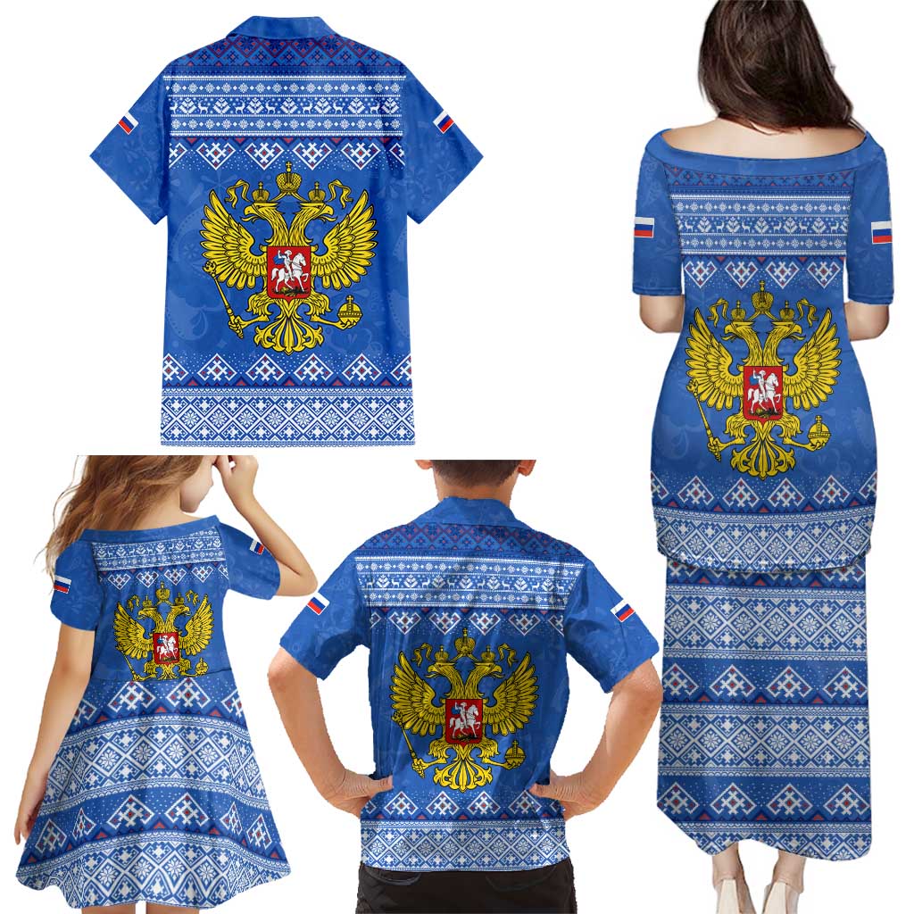 Russia Matryoshka Spirit Family Matching Puletasi and Hawaiian Shirt with Folk Pattern and Double-Headed Eagle Emblem