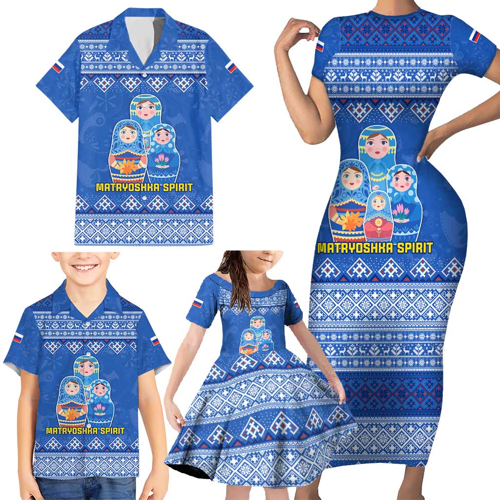 Russia Matryoshka Spirit Family Matching Short Sleeve Bodycon Dress and Hawaiian Shirt with Folk Pattern and Double-Headed Eagle Emblem