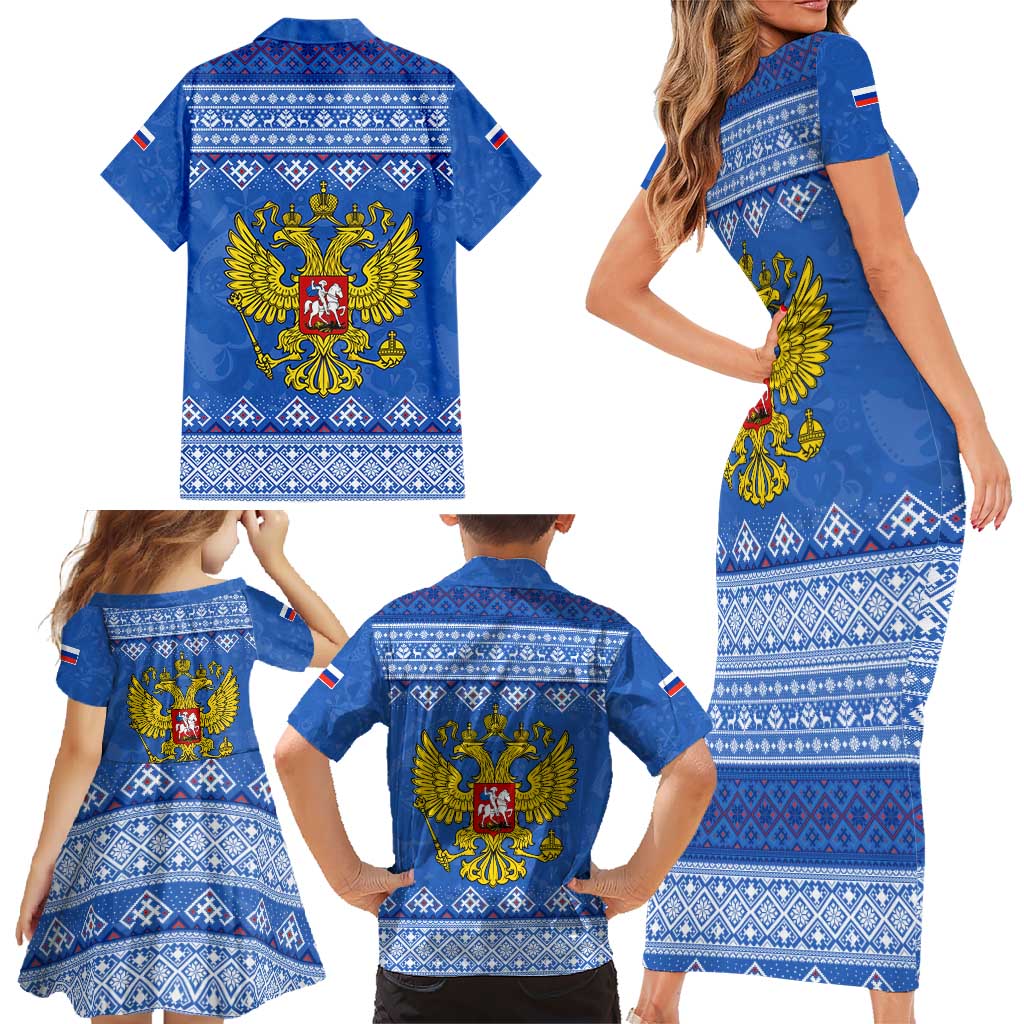 Russia Matryoshka Spirit Family Matching Short Sleeve Bodycon Dress and Hawaiian Shirt with Folk Pattern and Double-Headed Eagle Emblem