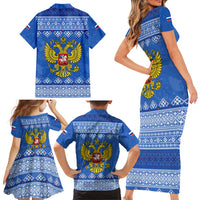Russia Matryoshka Spirit Family Matching Short Sleeve Bodycon Dress and Hawaiian Shirt with Folk Pattern and Double-Headed Eagle Emblem