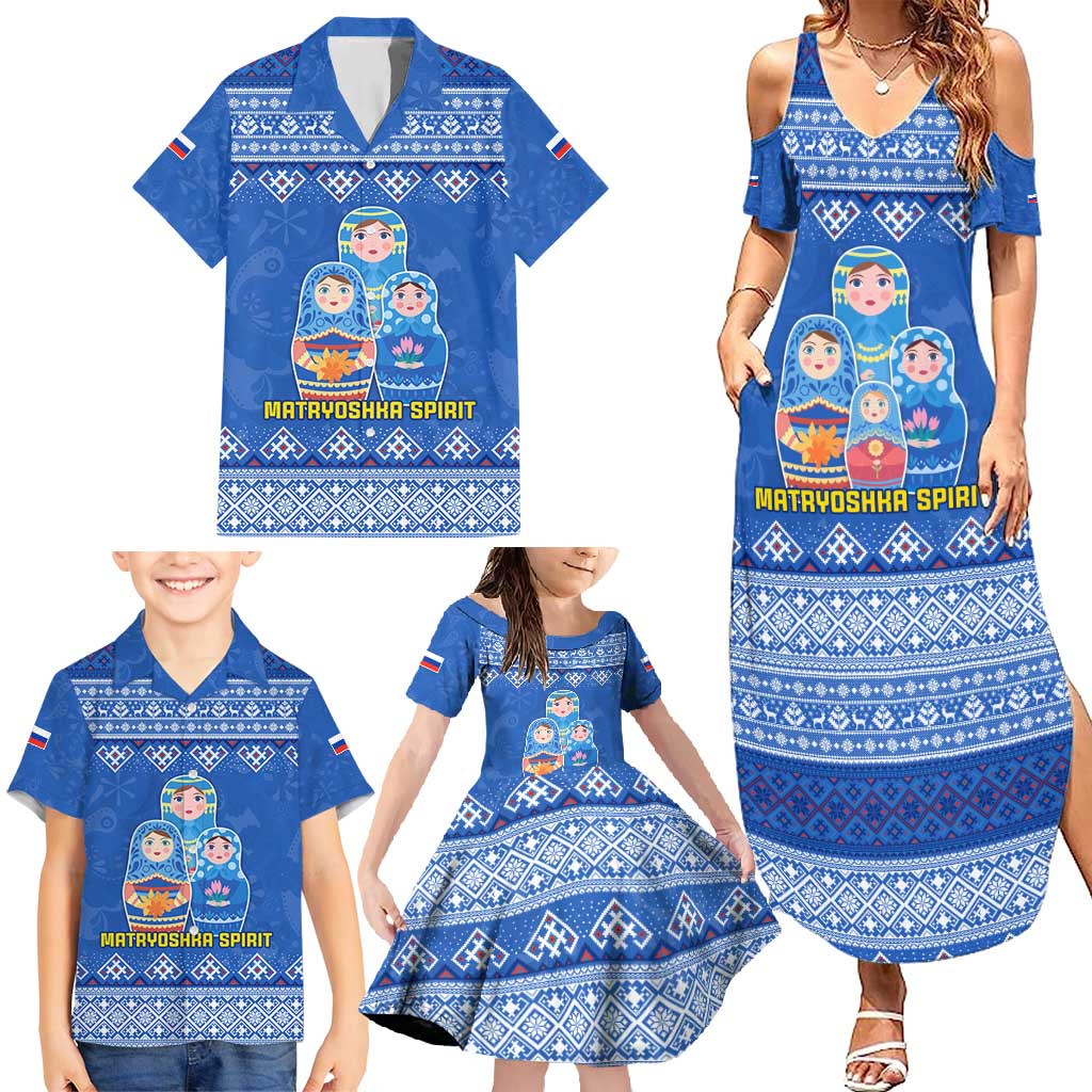 Russia Matryoshka Spirit Family Matching Summer Maxi Dress and Hawaiian Shirt with Folk Pattern and Double-Headed Eagle Emblem